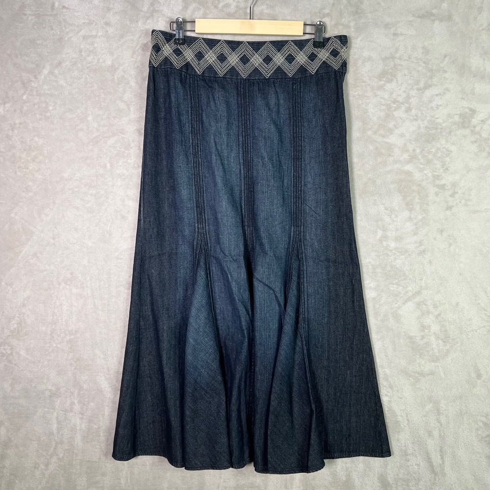 Bandolino Denim Maxi Skirt 8 Boho Panel Flare Embroidered Waist Dark Wash